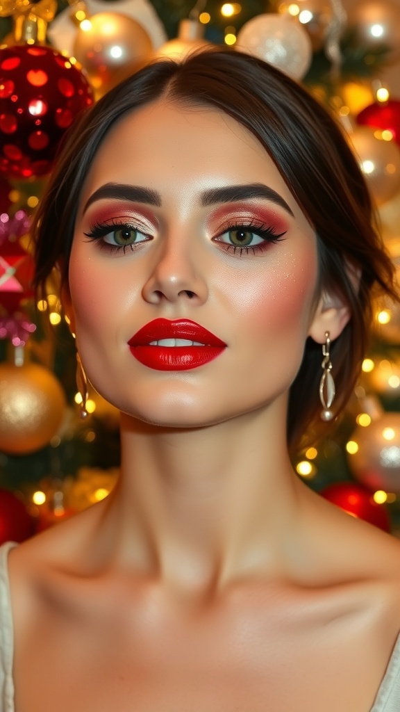 Festive Christmas makeup with red lips and gold eyeshadow against a holiday backdrop.